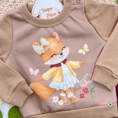 Conj. Casaco de Moletom Raposinha com Botinhas e Calça Legging - Marrom e Bordo